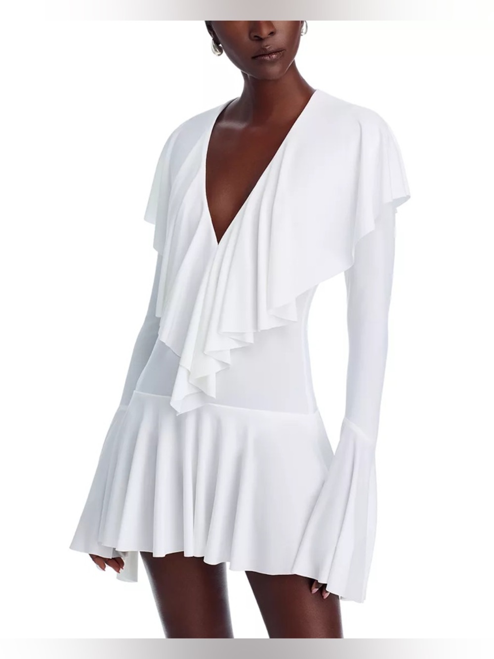 Norma Kamali Deep V Ruffle Mini Dress in Snow White